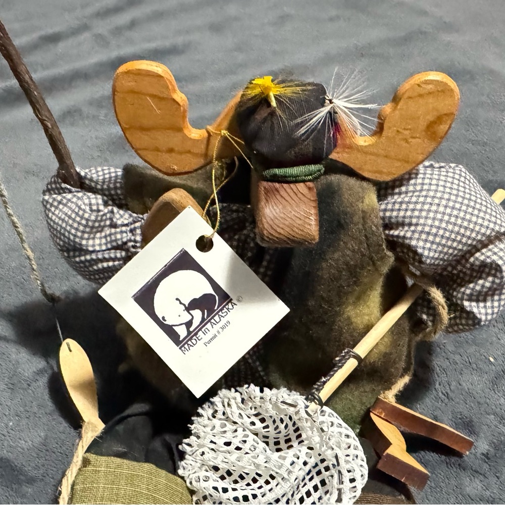 Wooden Moose Fisherman Doll in Camo Outfit - Picture 2 of 3